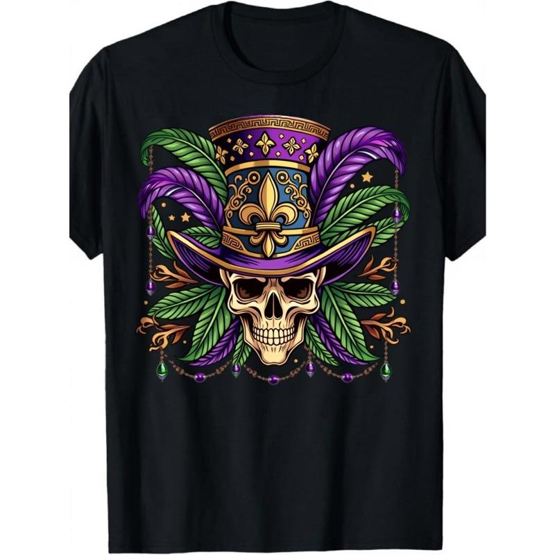 

European sizes 1pc Men S & Women S Mardi Gras Skull Print T-Shirt - Black with Green & Purple Fleur-de-Lis & Beads Design 4XL