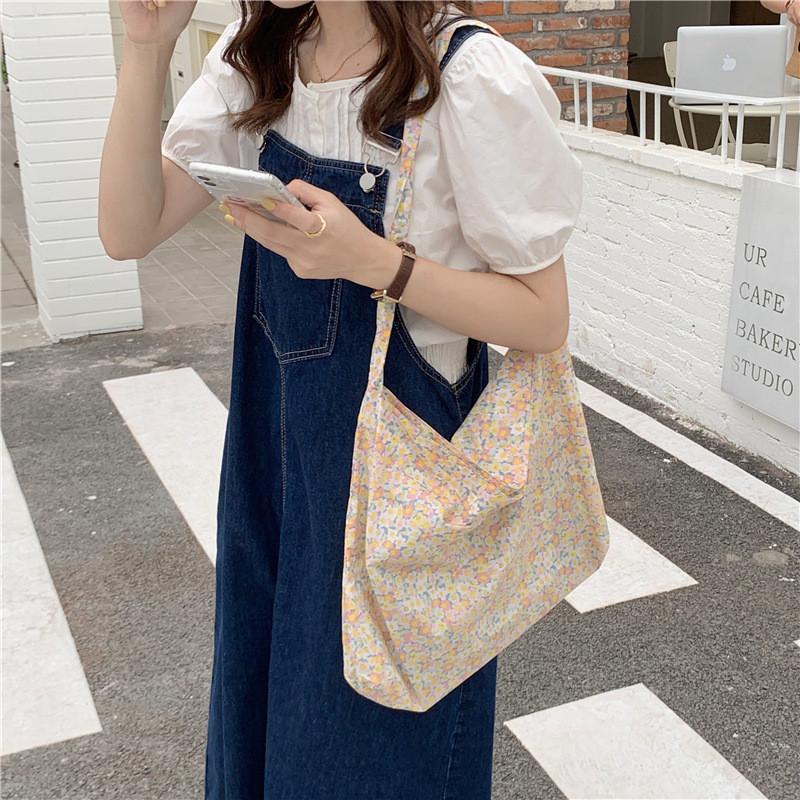 Trendy Korean Style Floral Canvas Tote Bag For Daily Use Medium Size Soft Handle