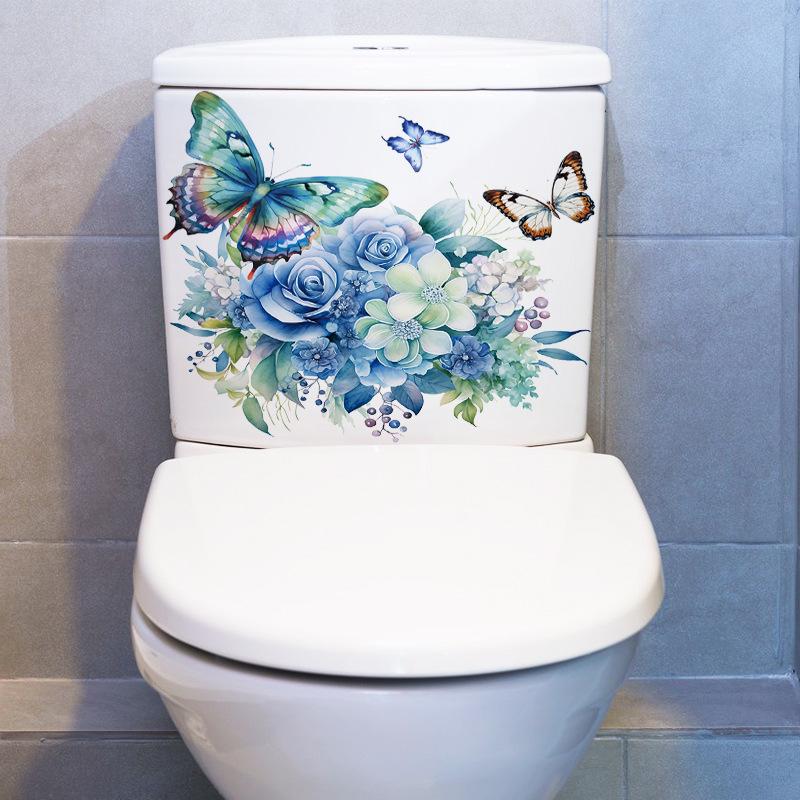 Hand Painted Blue Rose Butterfly Wall Stickers for Bedroom Door Decor and Suitcase Creative Decals for Girls Room