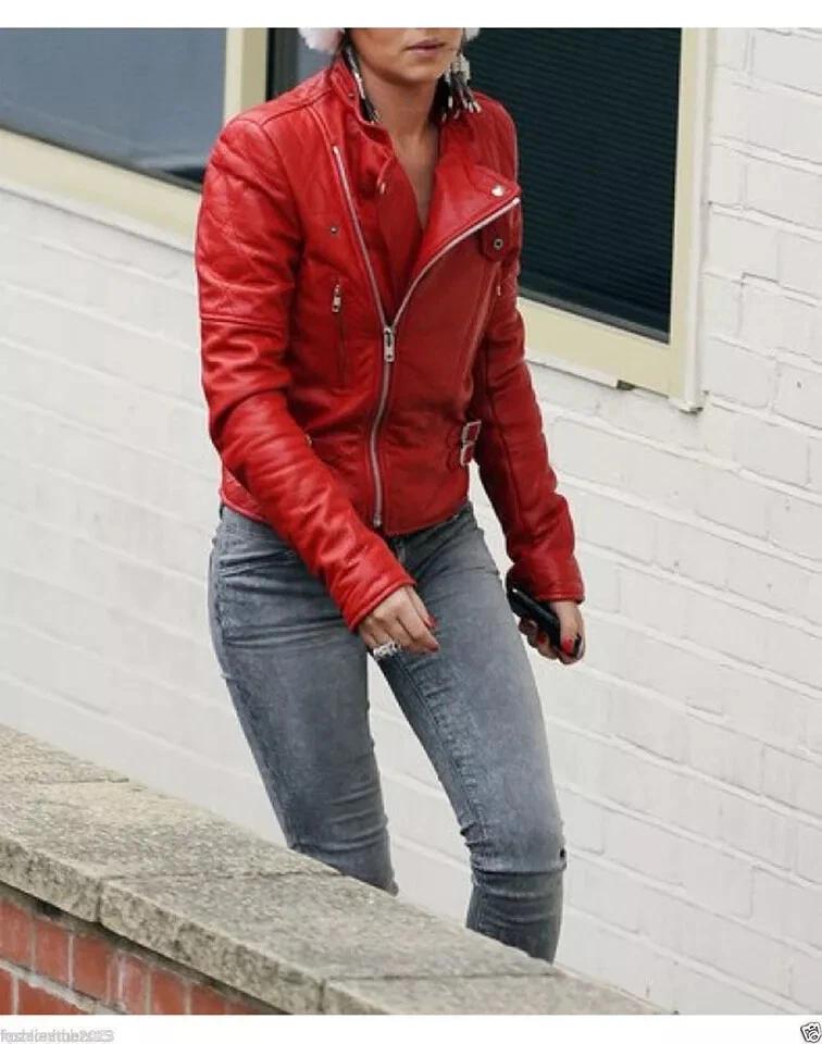 Real Soft Red Lambskin Leather Motorcycle Style Women's Jacket Biker Stylish
