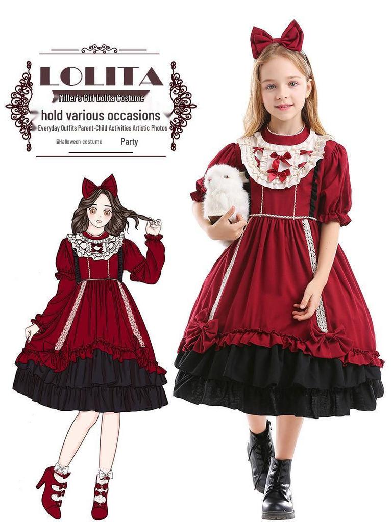 Pinse Clothing Spanish Lolita Halloween Princess Dress for Kids - Wine Red Loli Photography Costume