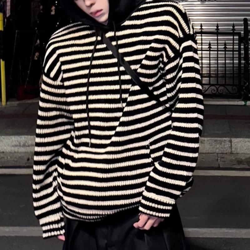 Casual Korean Striped Hooded Sweaters Autumn Winter Contrasting Colors Men's Clothing Stylish Drawstring Loose Knitted Pullovers