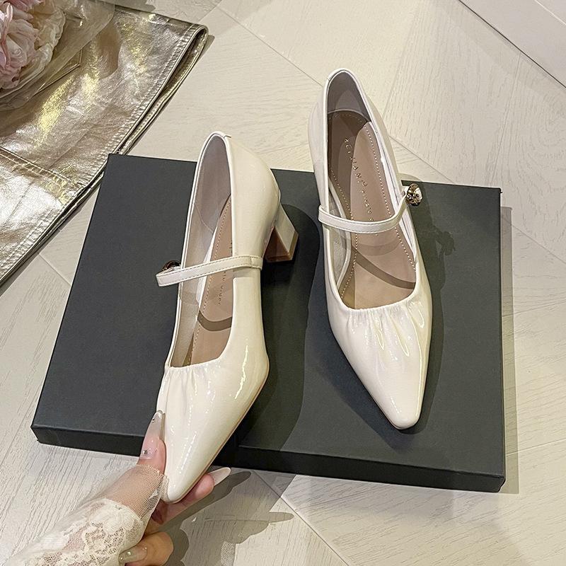 

Folded soft leather square head temperament word with high heels women s thick heels single shoes medium heel not tired feet 40