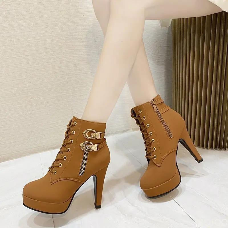 Fashion Plus Size Ankle Boots Women Platform High Heels Female Lace Up Shoes Buckle Short Boot Casual Ladies Footwear Drop