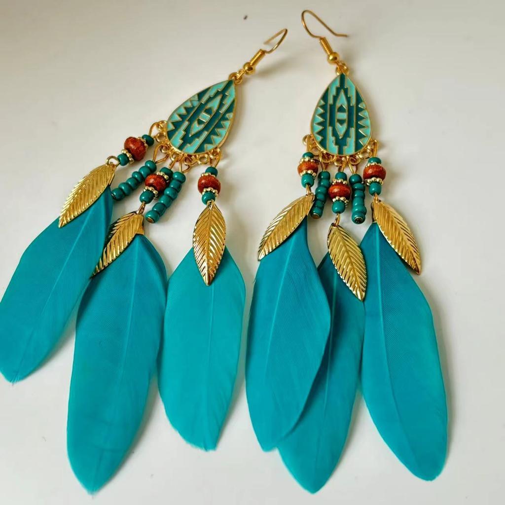 Vintage Bohemian Feather Tassel Earrings Exaggerated Ethnic Vacation Dangle Ear Jewelry Fashion Accessories For Women