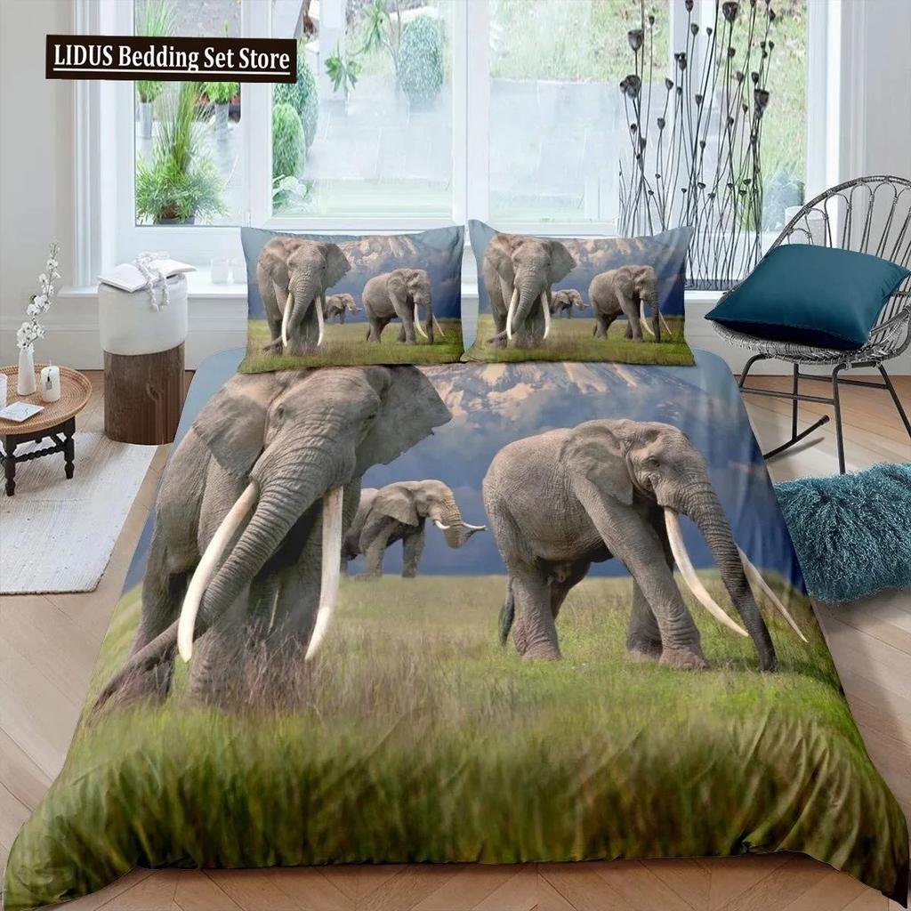 3D Elephant Duvet Cover Set Queen Size African Safari Animal Comforter Set Wildlife Bedding Set Retro Wall Decor Bedspread Cover