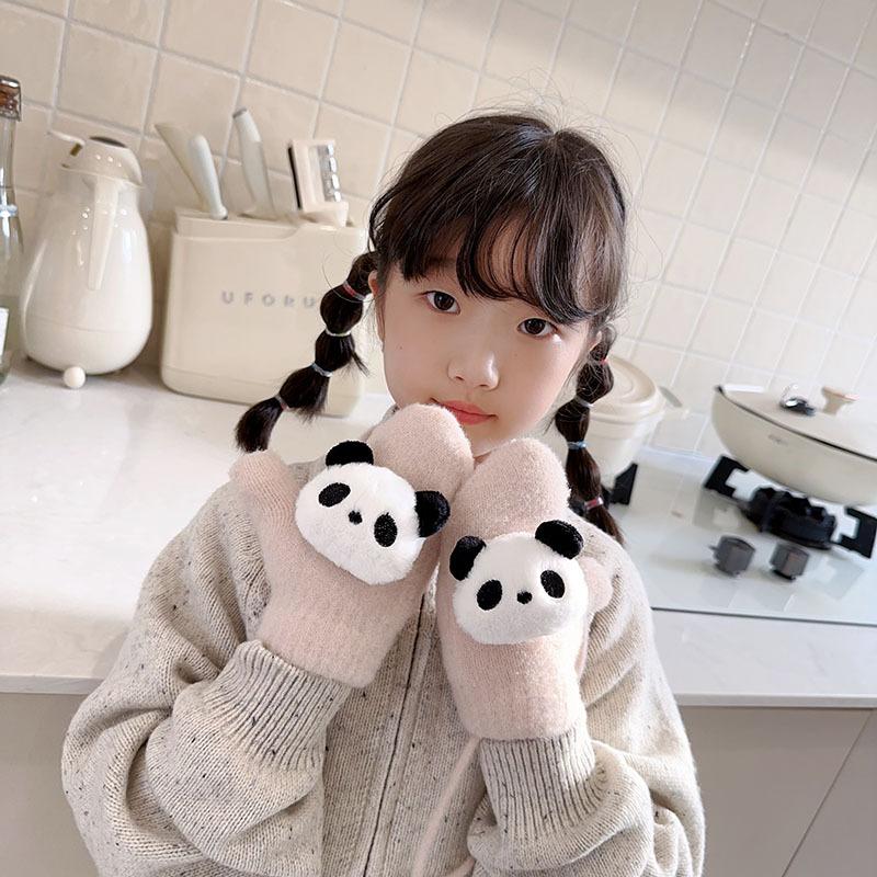Children's Gloves Autumn and Winter Cartoon Cute Velvet Finger Korean Style Halter Neck Knitted Warm Velvet Thickened Baby Gloves