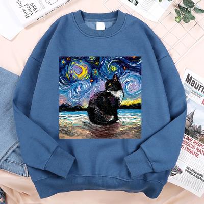 Malerei Sternenhimmel Katze Kapuzenpullover Herren Rundhals Mode Freizeitkleidung Fleece Pullover Streetwear Locker Bequemer Kapuzenpullover Pullover & Langarm Herren