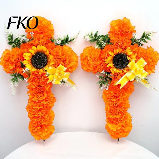 Floral Cross Decoration 2Pcs Dia De Los Muertos Artificial Flower, Marigold Wall Decor for Day Tabletop Flowers of The Dead Halloween Easter