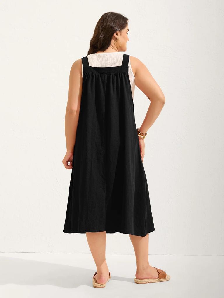 Plus Size Women's Cotton Pleated Suspender Dress with Pockets - Casual and Slimming Fit