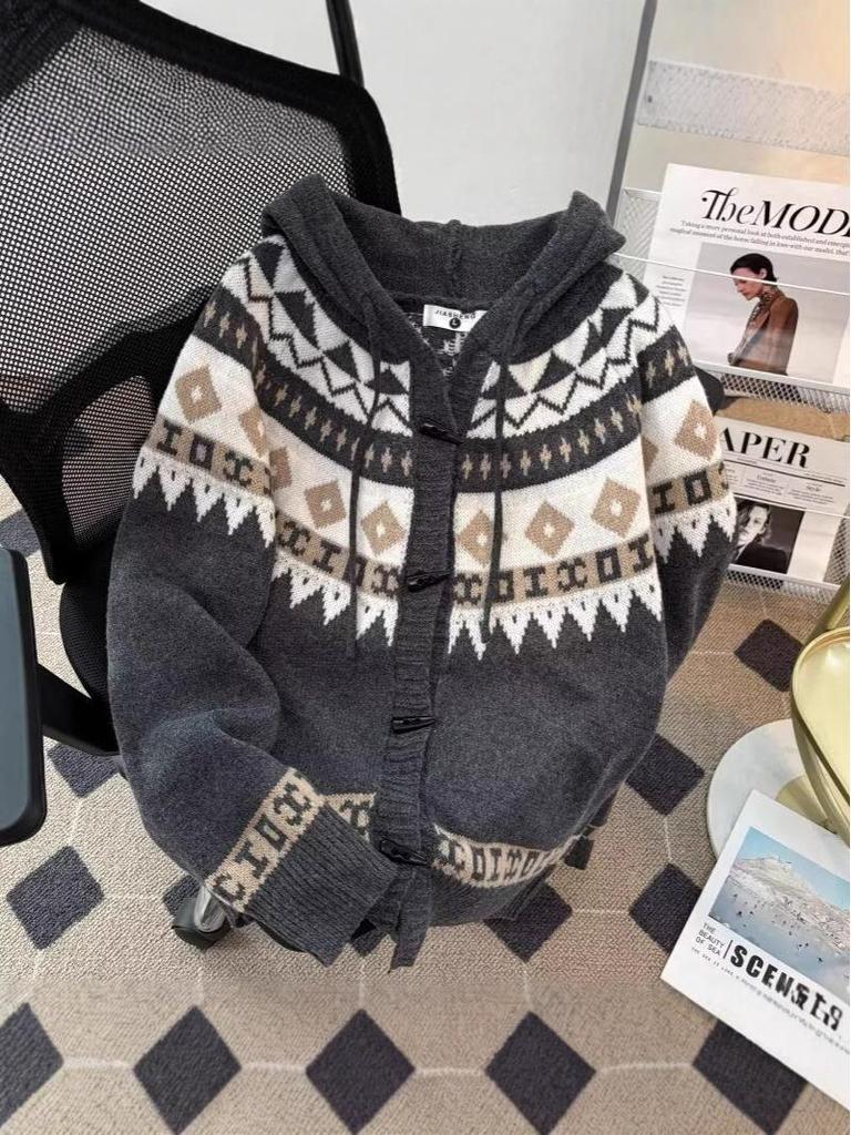 Unisex Fair Isle Horn Button Hooded Knit Cardigan Coat - Autumn/Winter Korean Style