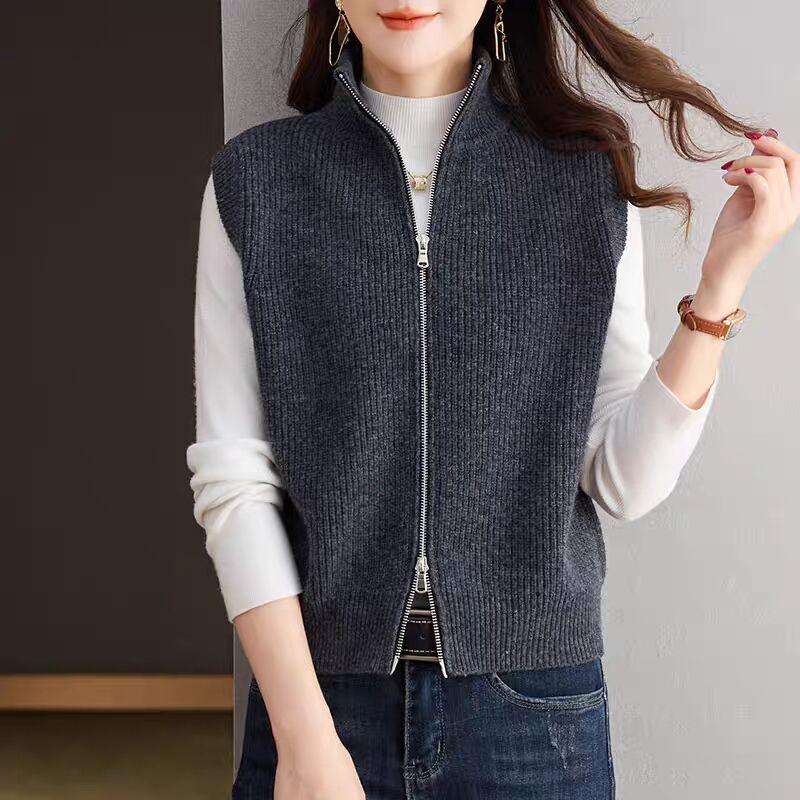 DIMANAF 2025 Autumn Winter Women Sweaters Vest Tops Knitted Basic Sleeveless Zipper Outerwear