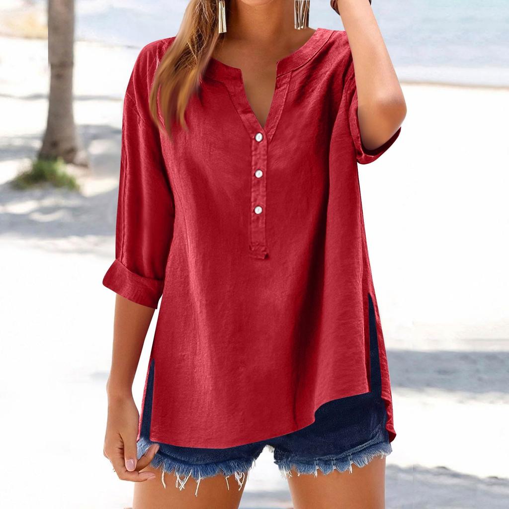 Women's Casual V-Neck Button Down Shirt Solid Color Long Sleeve Hem Split Cotton Blouse