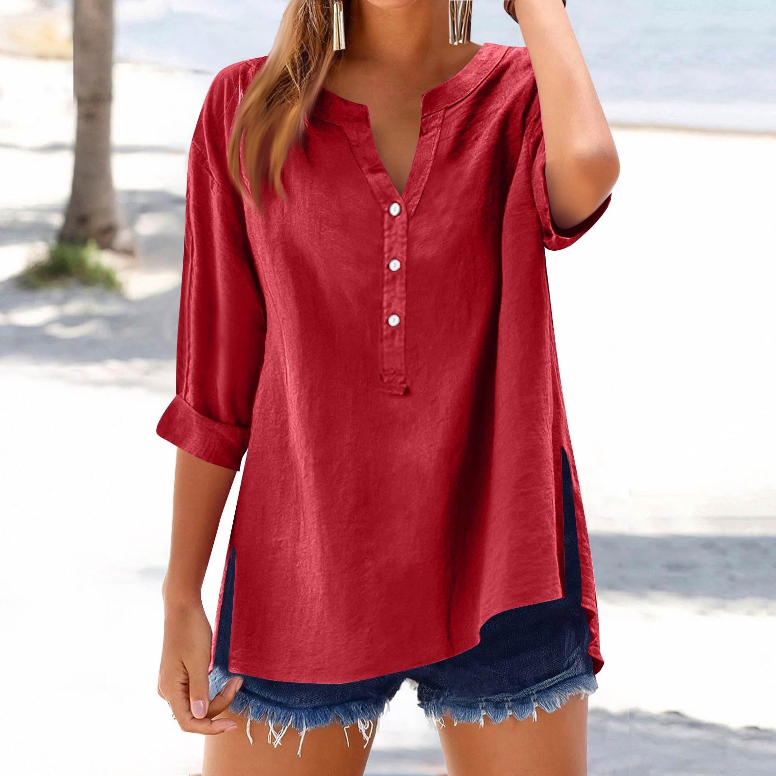 

Женская повседневная рубашка с V-образным вырезом на пуговицах, однотонная, с длинным рукавом, с разрезами по подолу, хлопковая блузка S красный