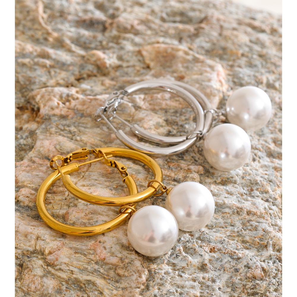 Eetit Pearl Drop Dangle Hoop Earrings Round Imitation Beads Fashion Daily Stainless Steel Korean Chic Quality Jewelry Waterproof