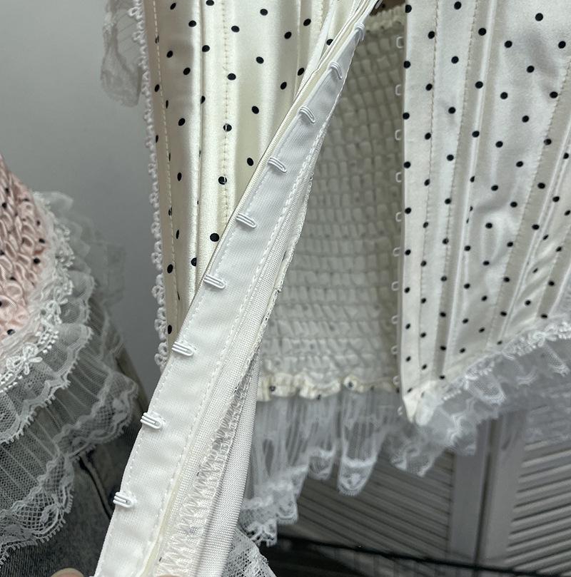 Retro Polka Dot Strapless Lace Trim Crop Top 