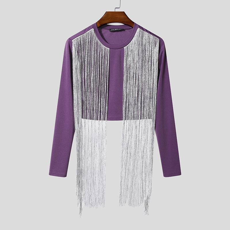 INCERUN Men O Neck Long Sleeve Front Glitter Tassel Short Crop Tops