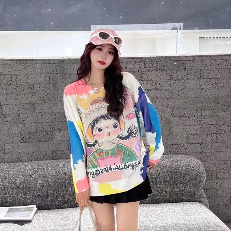 Women's Mink Velvet Camouflage Cartoon Sweater - Autumn/Winter 2025, Loose Fit, Age-Reducing, Heavy Industry Style.