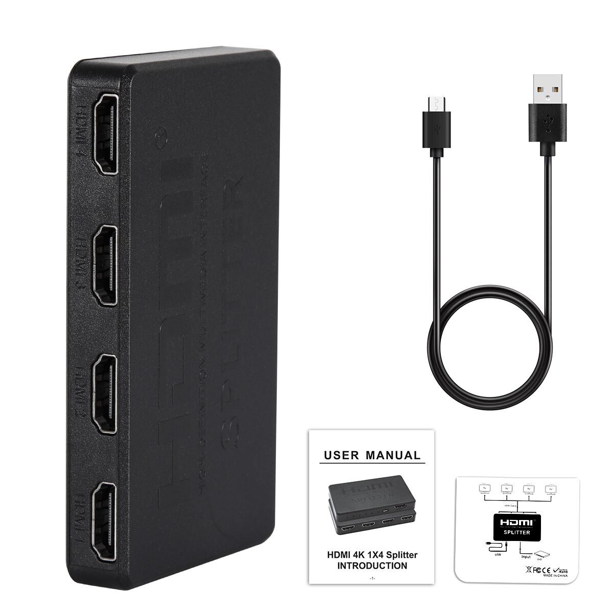 

HDMI Splitter 1 In 4 Out 4K UHD HD 1080P 4-Port Repeater Splitter Amplifier 1x4 чорний