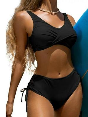 Neuer High-Waist Europäisch-Amerikanischer Träger-Bikini - Einfarbiger Zweiteiliger Badeanzug