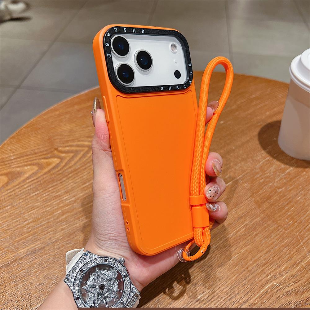For iPhone 17 Pro Case Black Lens Frame Shockproof TPU PC Phone Back Cover with Wrist Strap