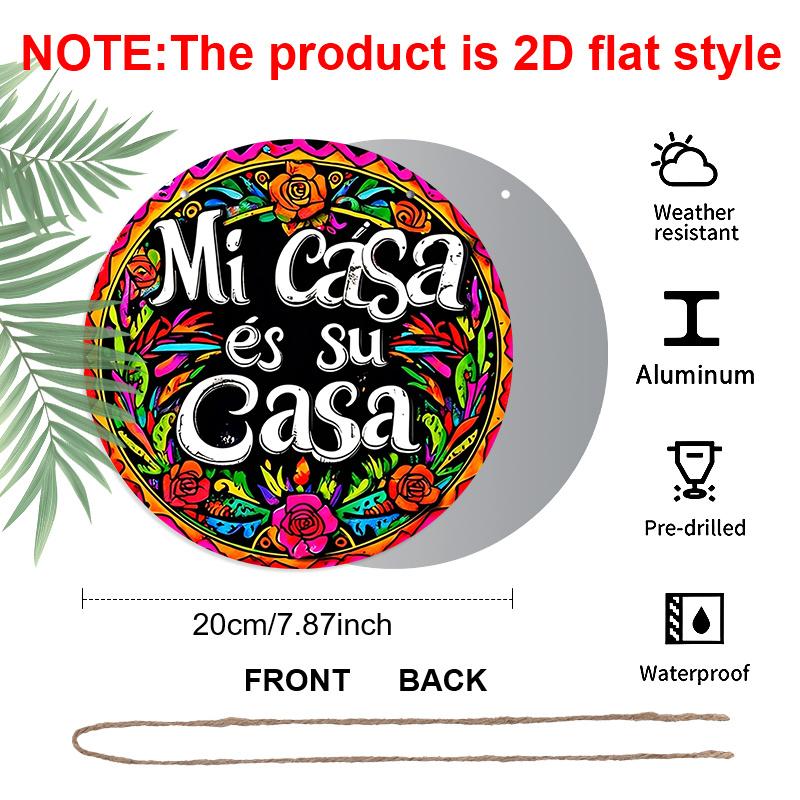 2D Flach, 1 Stück Vintage Metallwandkunstschild „Mi Casa Es Su Casa“, Bunte florale runde Aluminium-Dekoration für Bauernhaus, Café, Strandhaus, Hinterhof, Boho