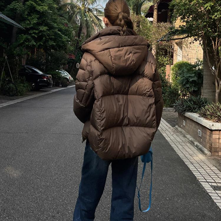 Übergroße Damen Daunenjacke mit Kapuze Winter Braun Langärmlig Pufferjacke Damen Oberbekleidung Warm