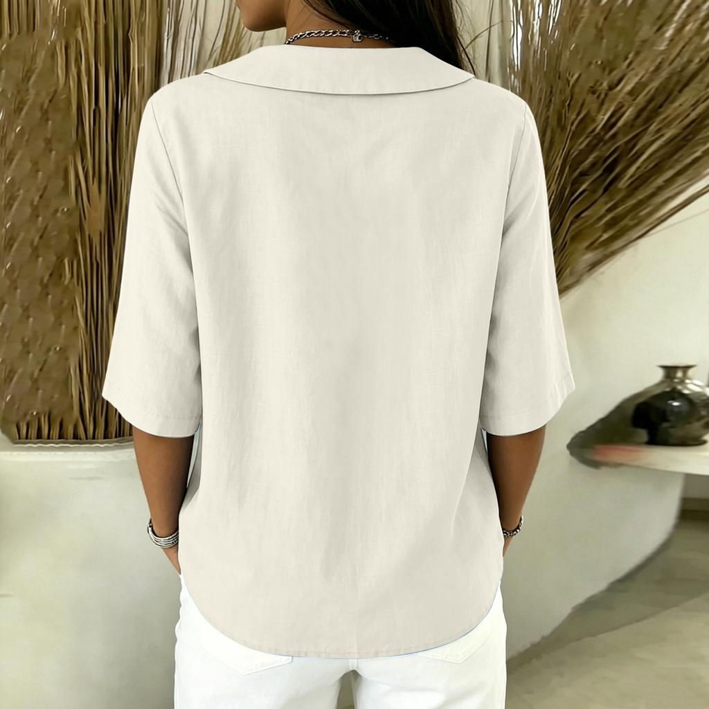 Women Button Front Short Sleeve Shirt Elegant Collar Blouse Casual Loose Fit Summer Top Lightweight Breathable Fabric