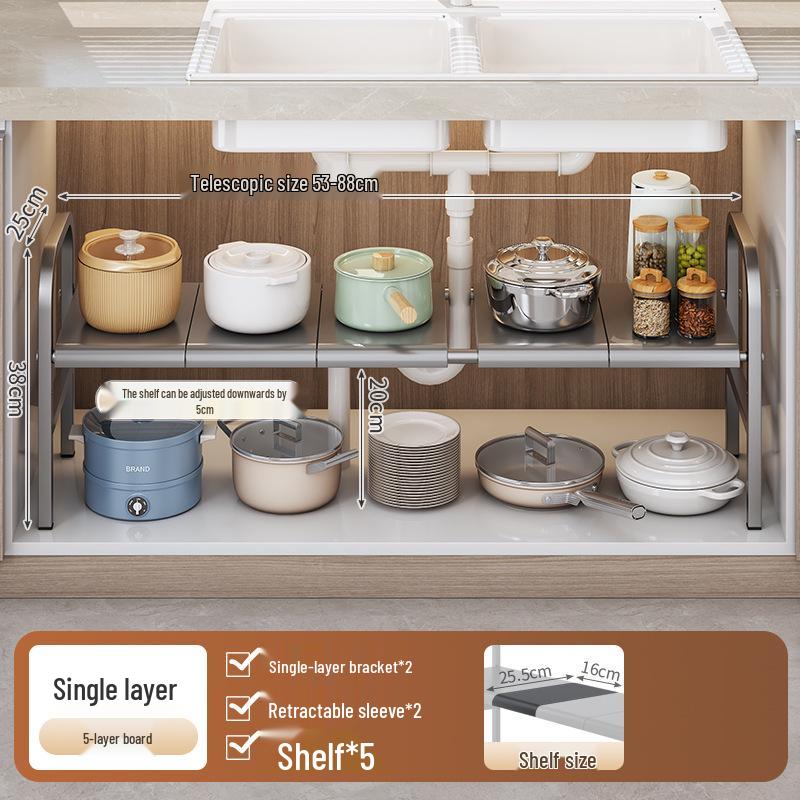 Rozšiřitelný kuchyňský úložný regál: Podumyvadlová police na organizér na nádobí