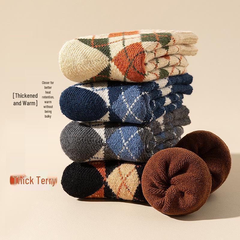 Men's Thick Winter Socks, Mid-Calf, Pure Cotton, Plus Velvet, Warm Terry Cloth, Loose Fit, Black, Large Size.