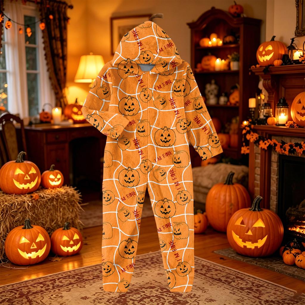 Damen Flannel Overall Loungewear Set mit Halloween-Print für den Urlaub
