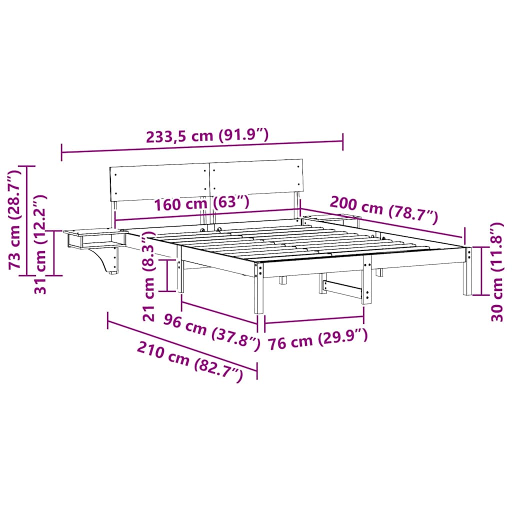 Brown Bed Frame with Headboard 160 x 200 cm Solid Pine Wood