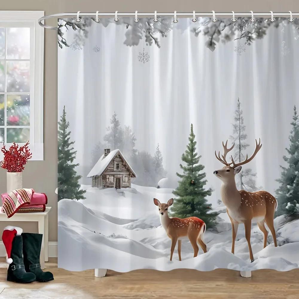 Winter Snow Forest Deer Shower Curtain Christmas Nature Landscape Christmas Gift Polyester Fabric Shower Curtains Bathroom Dec