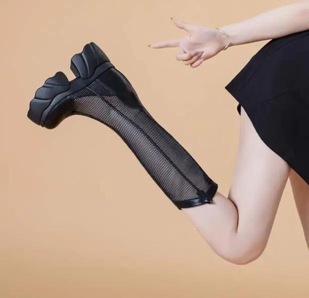 Fashion 11CM Air Mesh Ankle Boots Microfiber Leather Summer Fashion Shoes Knee High Booties Platform Wedge Flats Hollow Sandals Women