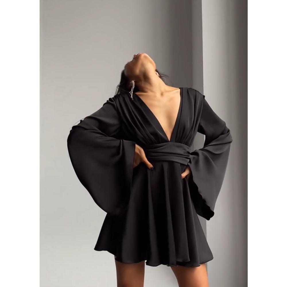 European and American party French satin flare-sleeve solid color long-sleeve dress, women's sexy V-neck waist-cinching short dress