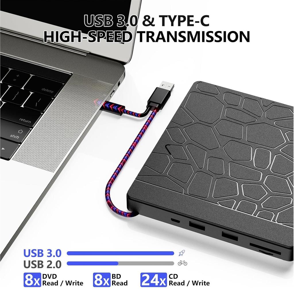 External Blu-ray Drive, USB 3.0 Type-C BD Reader, DVD/CD Burner with Dual USB-A Ports, SD/TF Slots –Blu-ray Player for Laptop PC