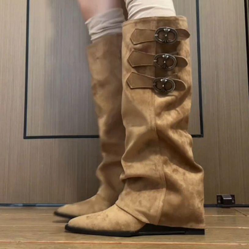 Niche Design Trouser Boots 2025 Autumn and Winter New Heightening Pointed Belt Buckle Versatile Western Cowboy Boots Long Boots