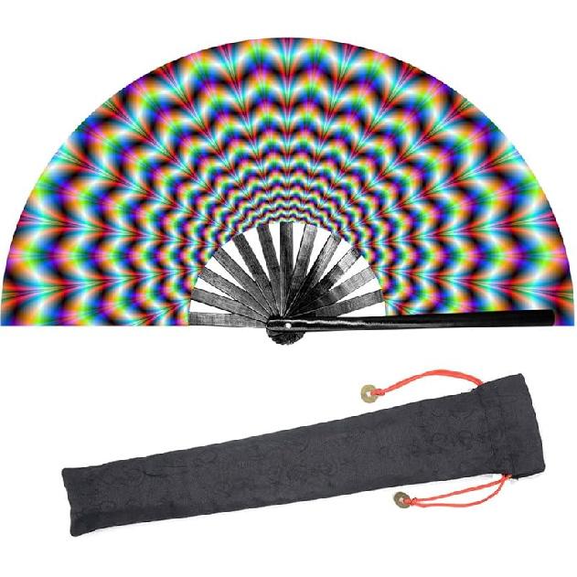 

Большой складной веер для рейва для женщин/мужчин, китайский/японский ручной веер из бамбука и нейлоновой ткани, для выступлений, украшений, танцев, фестивалей Trippy