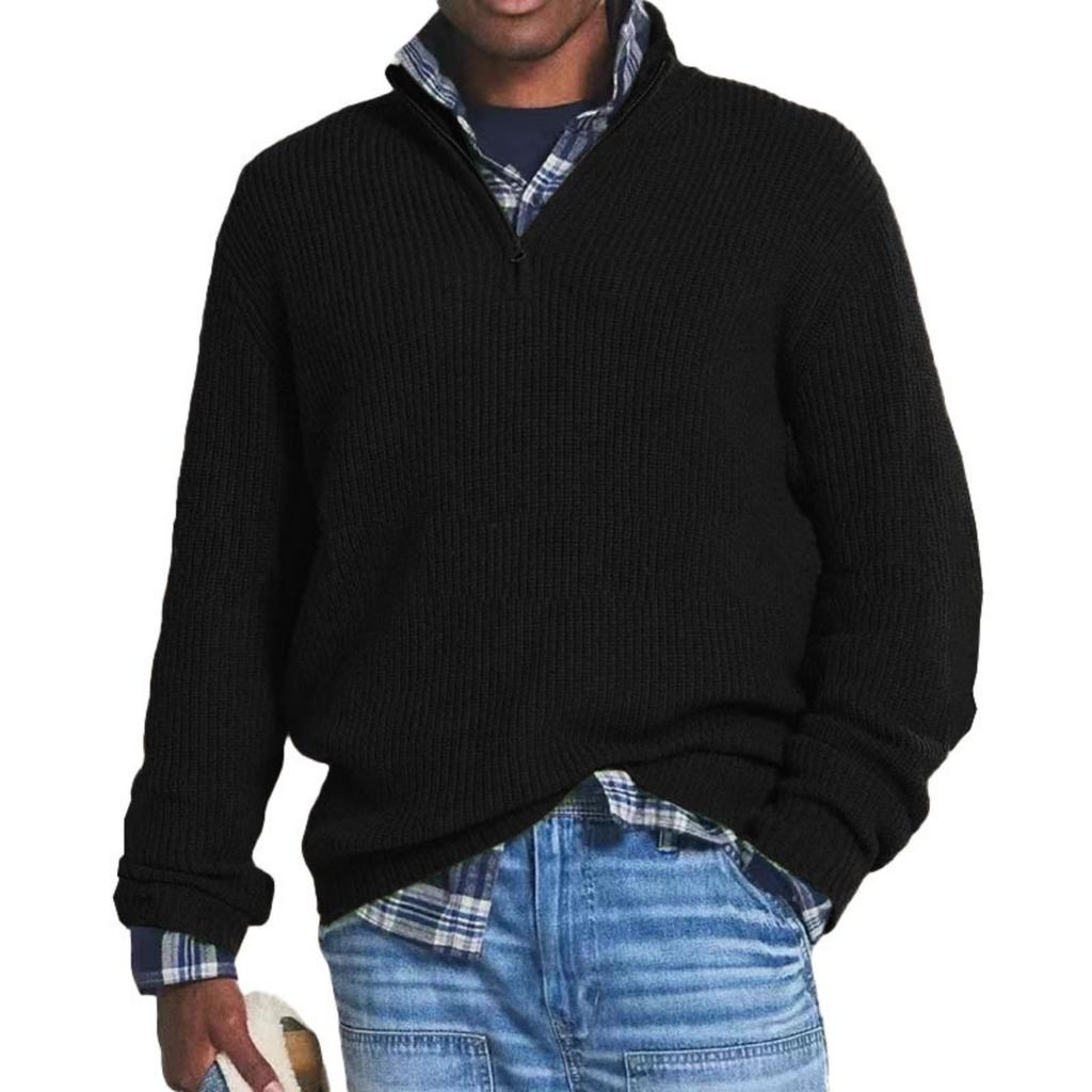 Men's Casual Loose Solid Color Semi-zipper Stand-up Collar Sweater, Men's Warm Long-sleeved Pullover Knitted Sweater