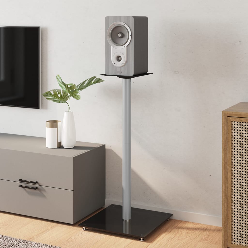 Vidaxl Speaker Stands, 2 Pcs, Black-Silver, Tempered Glass