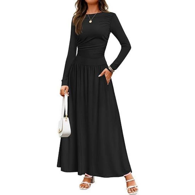 

Round neck pleated pockets slim long-sleeved knitted dress elegant all-match casual slimming swing pleated women s long skirt S чорний