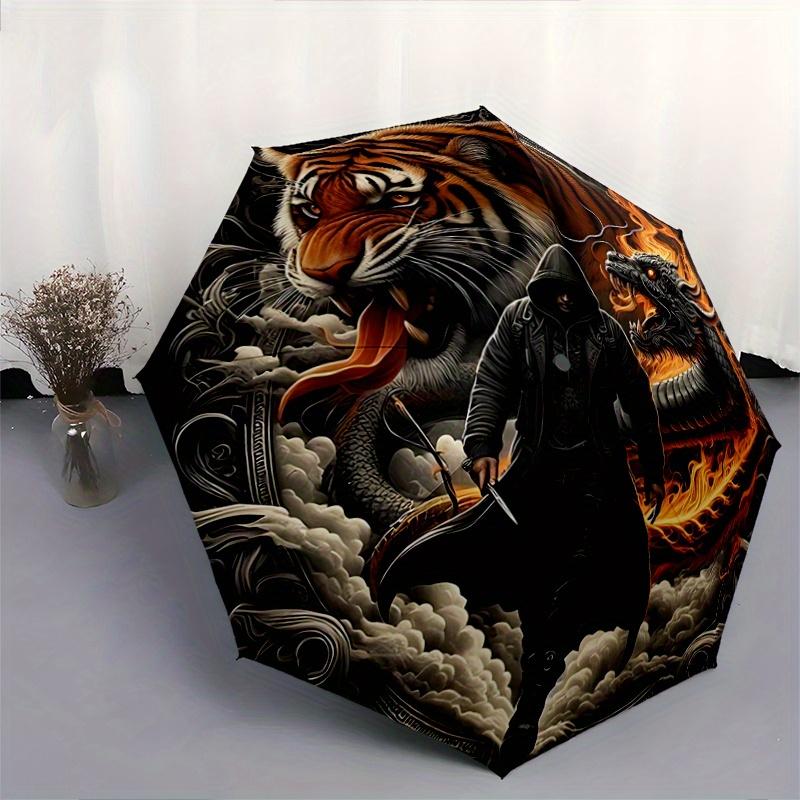 1pc Tiger and Dragon In Fiery Clouds Automatic Open/CloseUmbrella,Compact Umbrella for Men & Women Day Gift.N092