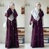 Women's Crew Neck Long Flare Sleeve Abaya Maxi Dress Loose Fit Bow Embroidery Modest Muslim Casual Long Gown