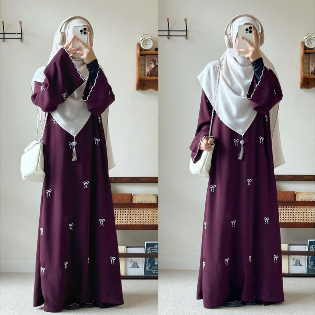 Women's Crew Neck Long Flare Sleeve Abaya Maxi Dress Loose Fit Bow Embroidery Modest Muslim Casual Long Gown