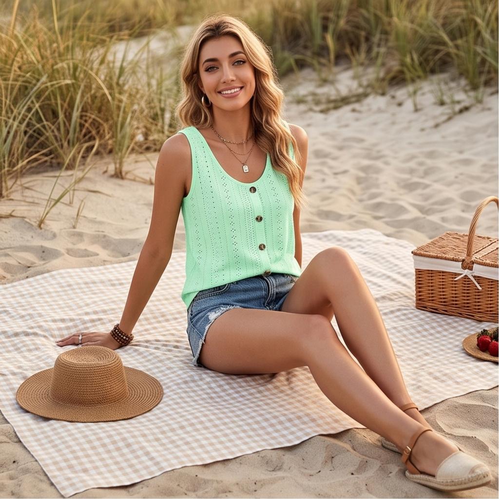 Women's Sleeveless U-Neck Hollow Out Tank Top with Pattern and Button