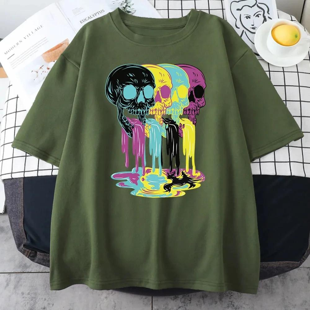 2024 New 4 Vomit From Skulls Funny Printing Cotton T-Shirts For Unisex Personality Fashion Short Sleeve Casual  Unisexs Tee Clothing Unisex