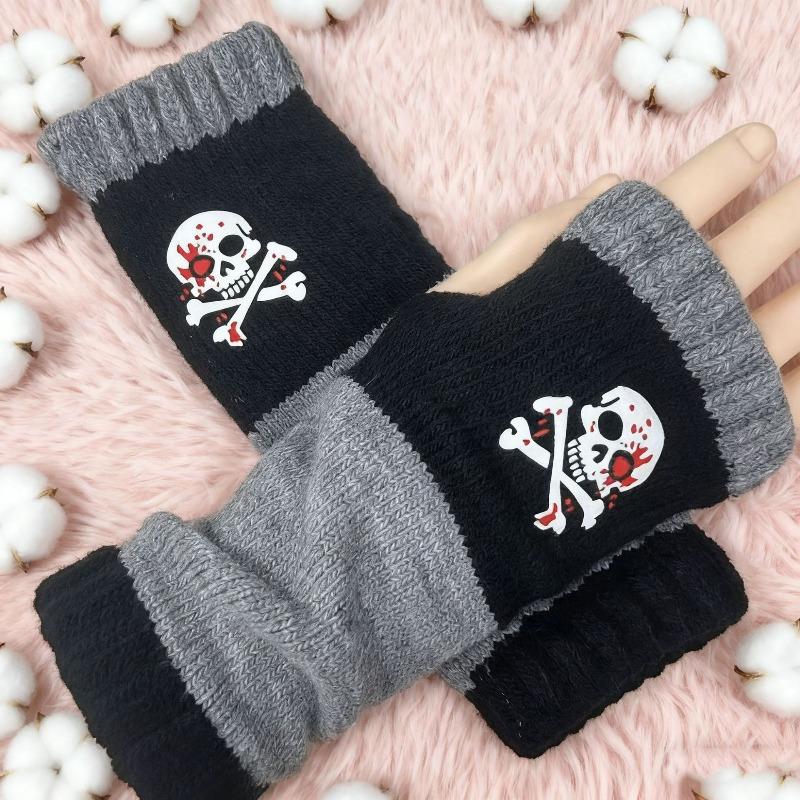 Gants en tricot sans doigts avec broderie de chat et patchwork, Gants décontractés ouverts aux doigts tendance pour femme, Mitaines chaudes d'hiver sans doigts
