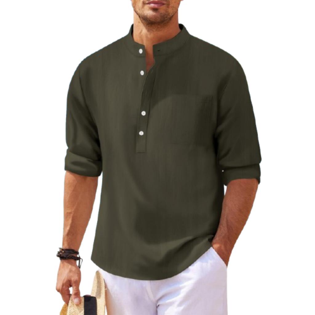 Men's Casual Cotton Linen Stand,up Collar Long,sleeved Shirt