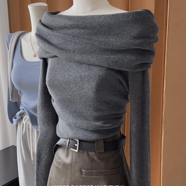 

Women s Off-Shoulder Knitted Sweater Top - French Style for Spring/Autumn S 40-48kg чёрный