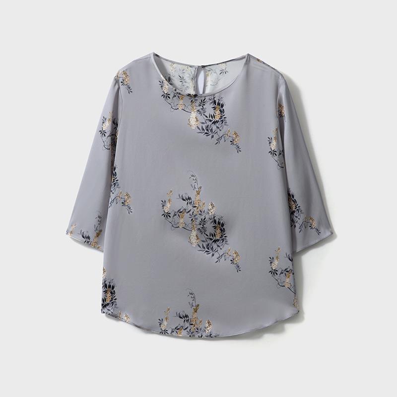 

Элегантный женский топ из набивного шелка тутового дерева с круглым вырезом и короткими рукавами, с неровным подолом Large синий/серый